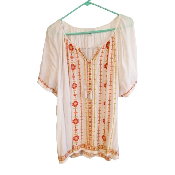J. Jill Tops - JJill Embroidered Tunic Plus Sz. BoHo Floral Tie Tassel Lightweight Beachy 3X